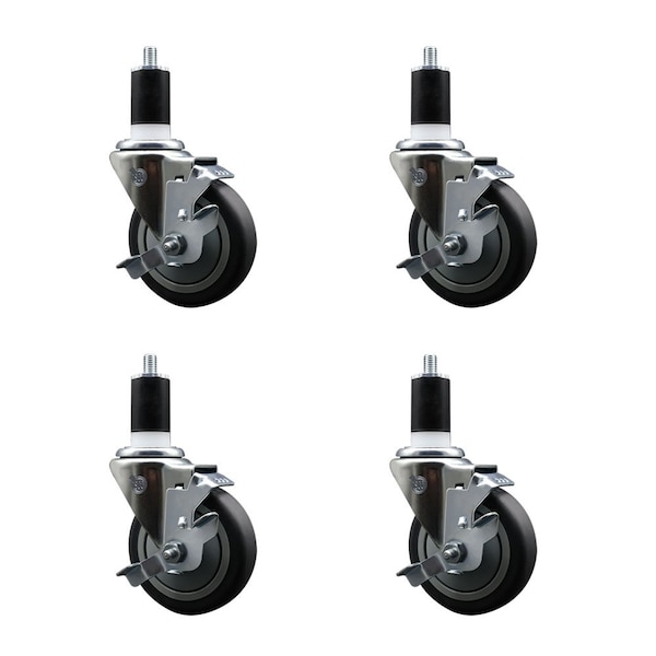 4'' Thermoplastic Rubber Swivel 1-1/2'' Expanding Stem Caster Set with Brake, 4PK